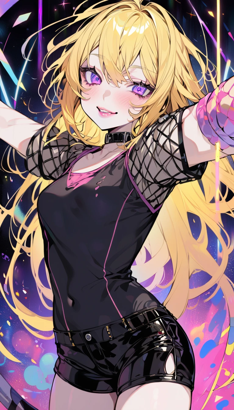 anime girl. short messy yellow hair, violet eyes, fair skin, flirtatious expression, fair skin, small tight black shirt, light blush, shorts, slightly pink lips. ((🥵))