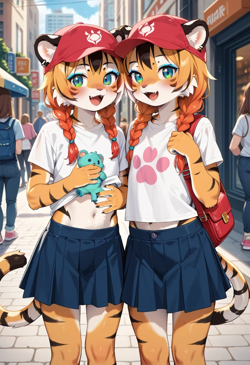 masterpiece, high resolution, best quality, baby body, baby height, flat chest, baby face, furry tiger (two girls:1.5), twins ride a bike, T-shirt, skirt, cap, happy, tiger ears, tiger tail, fluffy fur, multicolored hair, twin braids, piercing, makeup, tattoo, public, street