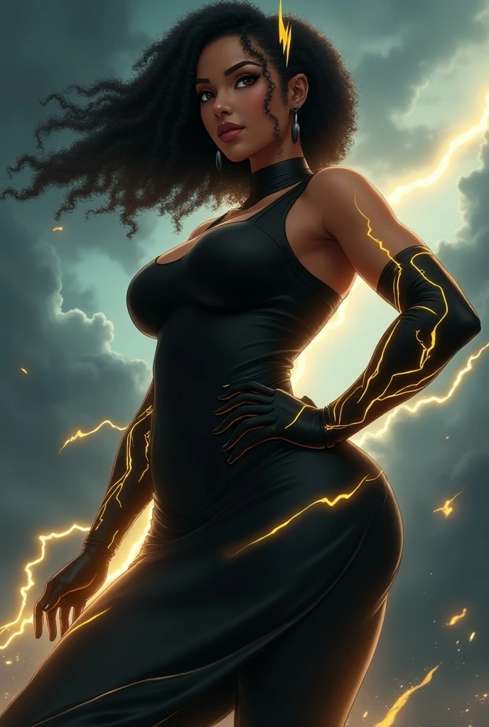 Imagine uma mulher de cabelos pretos e cacheados, pele negra, Black jumpsuit and white long-sleeved blouse, With intricate lightning patterns and dark details adorned it. Place her in a dark environment covered in cultist symbols.