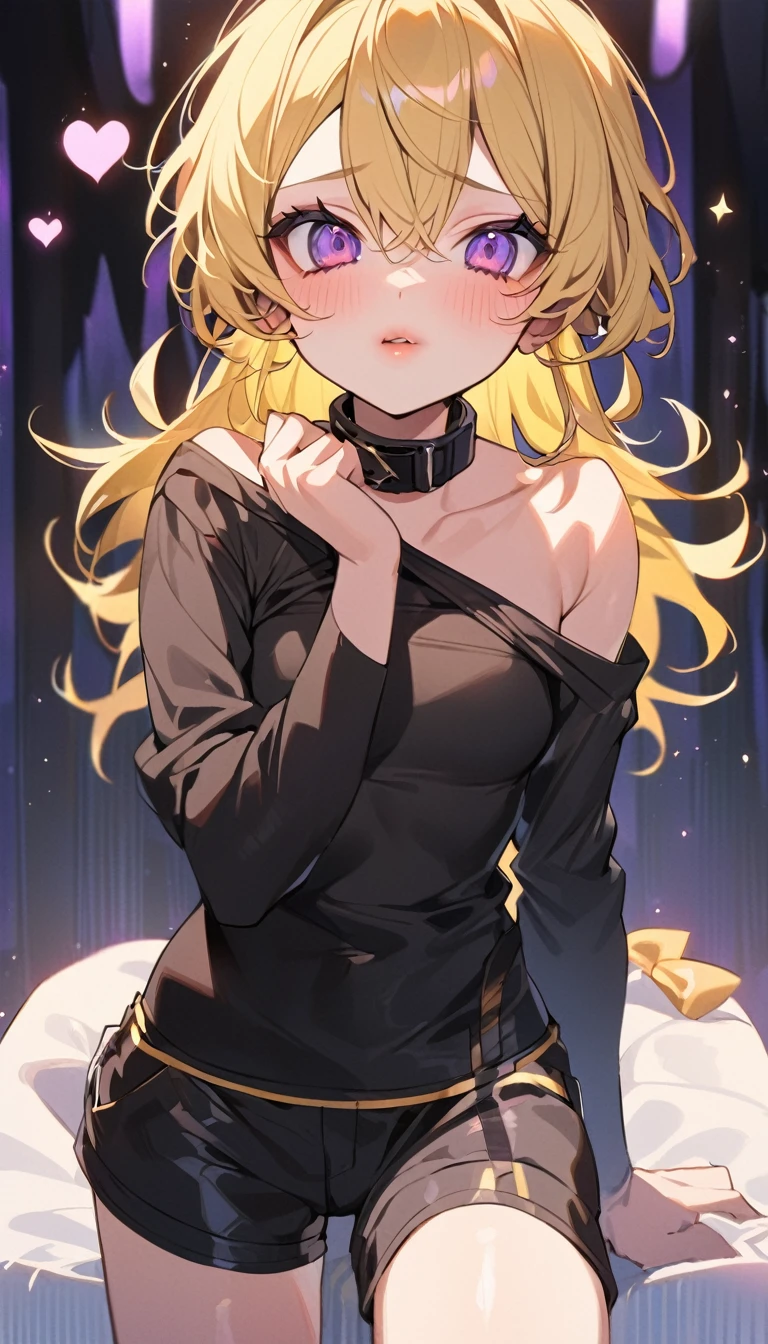 anime girl. short messy yellow hair, violet eyes, fair skin, flirtatious expression, fair skin, small tight black shirt, light blush, shorts, slightly pink lips. ((🥵))