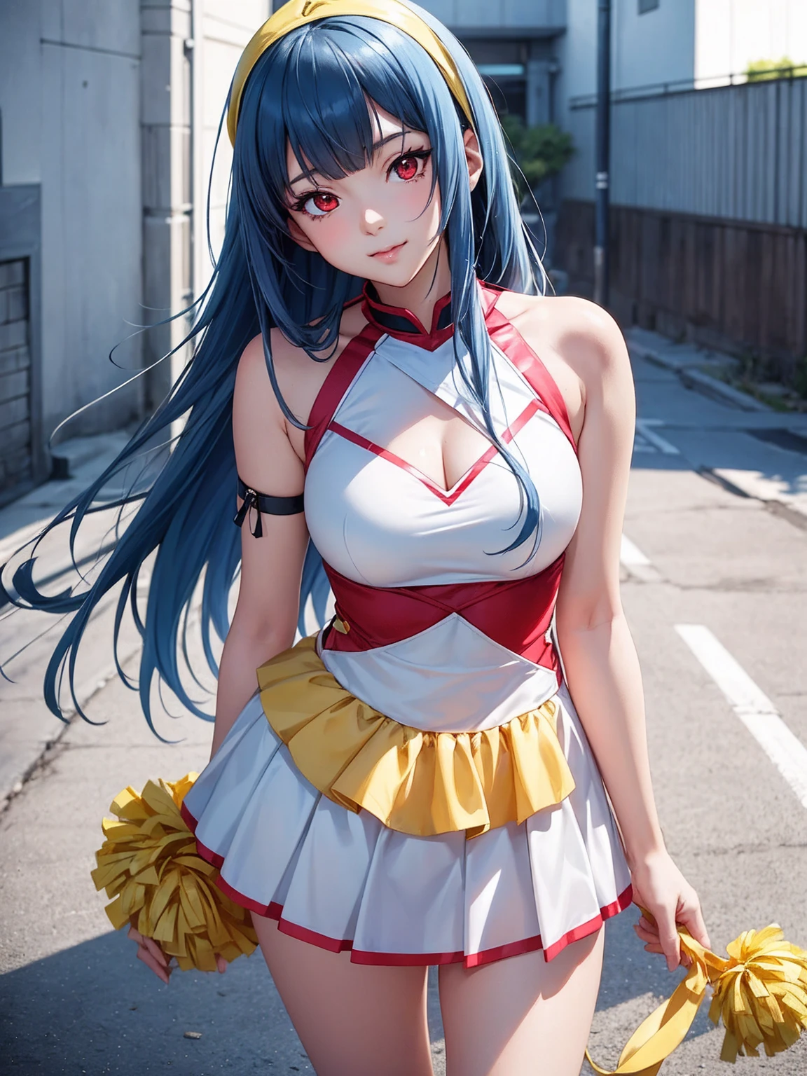 Beautiful woman dressed as a cheerleader、Blue hair ponytail、White cheergirl clothes、Yellow secondary color、The arms and neck are covered with white tights、don't wear pants、Y-shaped leg pose
