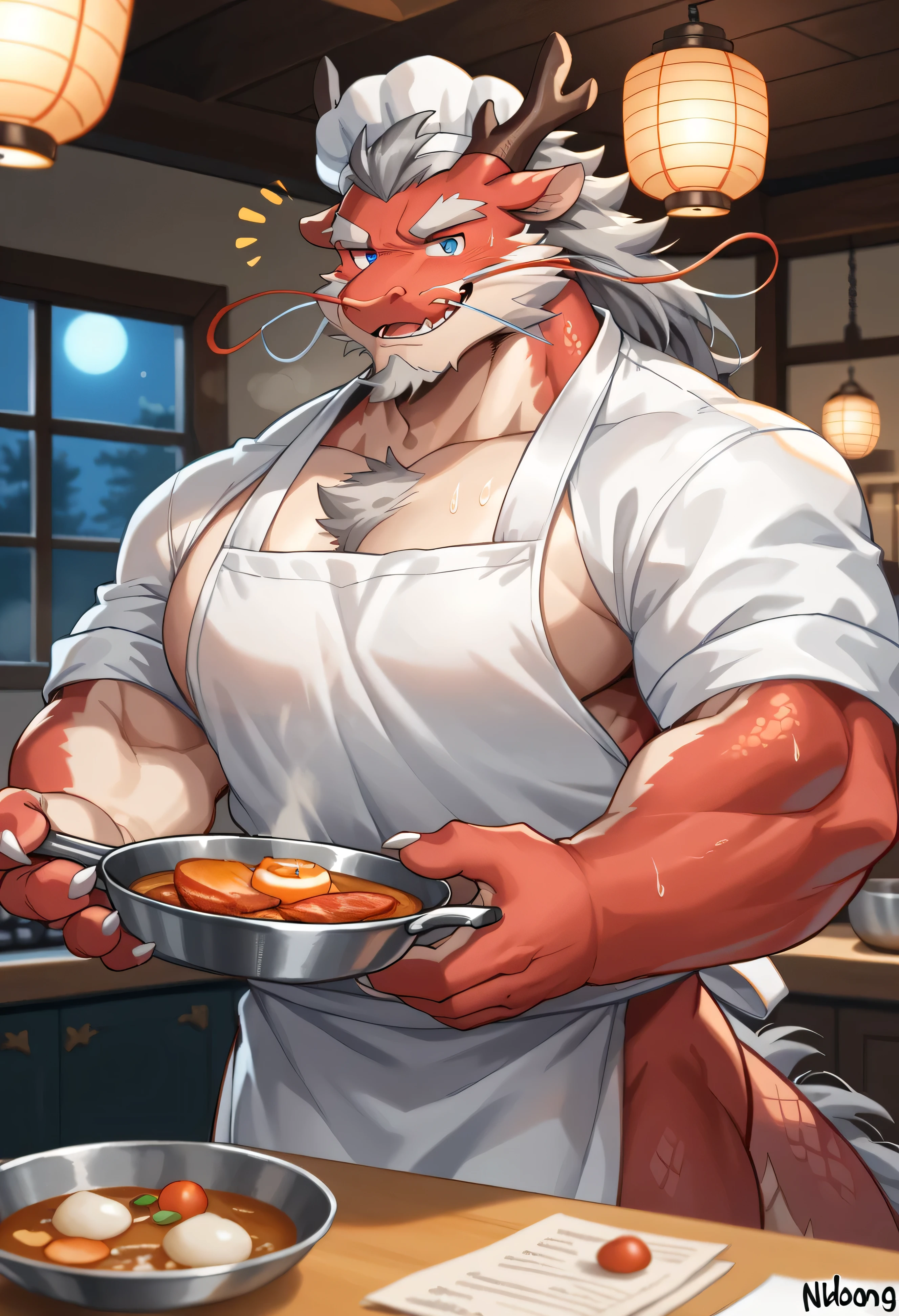 masterpiece,best quality,ultra-detailed,8k resolution,(by lindong,by nullghost),(anthro:1.3),(eastern dragon:1.3),(red scales:1.3),(muscular:1.2),(white body:1.2),(chef uniform:1.3),(large_pectorals:1.3),(kemono, bara:1.3),(chef apron:1.3),(standing:1.3),(chest hair:1.2),(facial hair:1.2),(grey hair:1.2),(floating whiskers:1.3),(blue eyes:1.2),(sweating:1.2),(dynamic posture:1.3),

((late night izakaya:1.4)),(warm lighting:1.3),(cozy atmosphere:1.3),(lantern light:1.2),(cooking steam:1.2),(bust:1.3),(mature male:1.2),(gentle smile:1.3),(serving customers:1.2),night,(red paper lanterns:1.2),(wooden interior:1.2),(traditional counter seats:1.2),(small cooking space:1.2),(intimate restaurant setting:1.3),(nostalgic mood:1.2),depth of field,dynamic_angle,digital painting,concept art,detailed scales texture,(soft ambient lighting:1.3),(single light source:1.2),(glowing stove fire:1.2),majestic pose,(welcoming expression:1.3),horns,dragon claws,embendding:zPDXL3,huge filesize BREAK score_9,score_8_up,score_7_up,