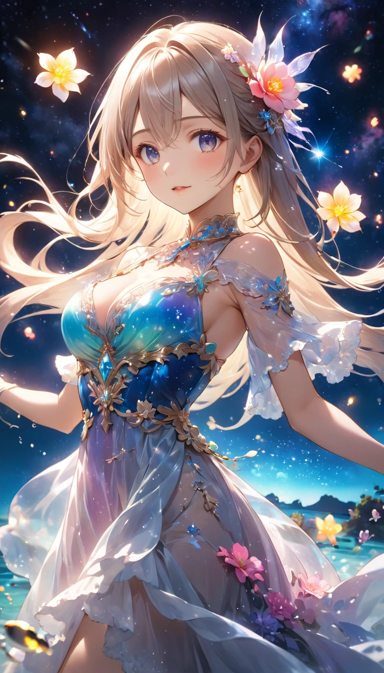 Highest quality, Highest quality, 16K, Unbelievably absurd, Very detailed, 2.5D, delicate and dynamic, In the water, Brightly colored coral, Small faint lights and flying fireflies, night, Starry Sky, milky way, nebula, shooting star, Flowers,, Very delicate facial expressions, Delicate eye depiction, Upper body close-up, erotic, Only sexy women, Healthy body shape, 22-year-old woman, Aristocratic women, Height: 170cm, Large, firm, swaying bust, Colorful Tiaras, Crystal translucent dress, A long dress with a complex structure, Colorful long dress,