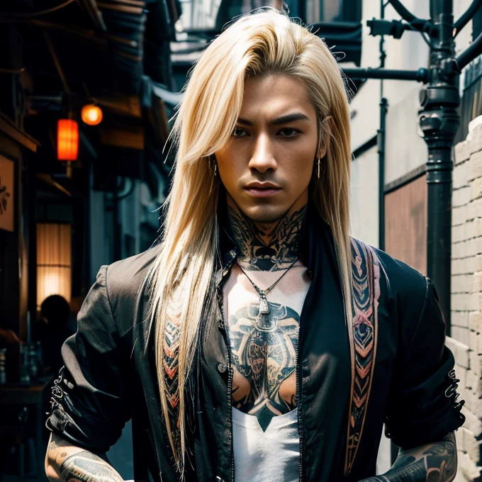 1 man, Japanese man, male, Asian eyes, muscular, broad shoulders, yakuza tattoos, hairstyle Visual Kei style, hair Visual Kei, black men's shirt and black pants, ultra detailed face and eyes, hyperrealistic, realistic representation, long hair, long hair, 30 years old, age 30 years, blond, blonde hair