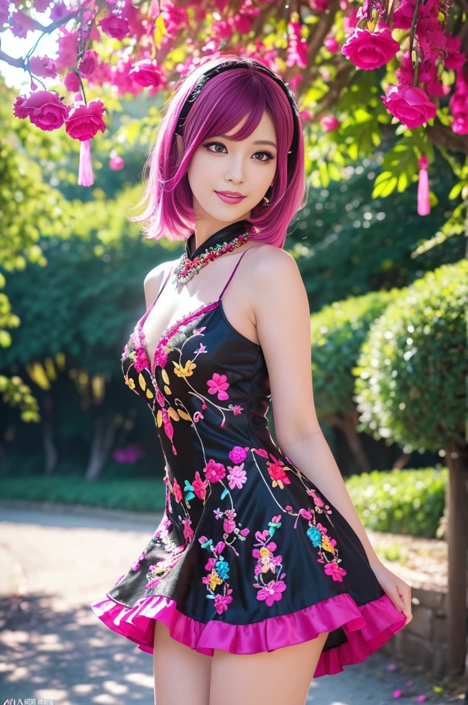 (masterpiece:1.4), (best quality:1.4), ultra high res, ultra high resolution, ((detailed facial features)), HDR, (realistic, photorealistic, photo-realistic:1.37), full body Esbian, sexy Thai model, (-anime), vivid colors, ((vivid colors multicolor (pink, fuchsia, purple) very short hair)), (happy smile), lip-gloss, long lashes, ultra detailed metallic makeup, defined eyebrows, wearing large sparkling colorful jewelery, wearing a red silk Paradise Kiss cosplay dress with black floral embroidery, ((vivid colors outfit)), vivid colors, look at the camera, cinematic light, large park background with trees, sweet and sexy pose