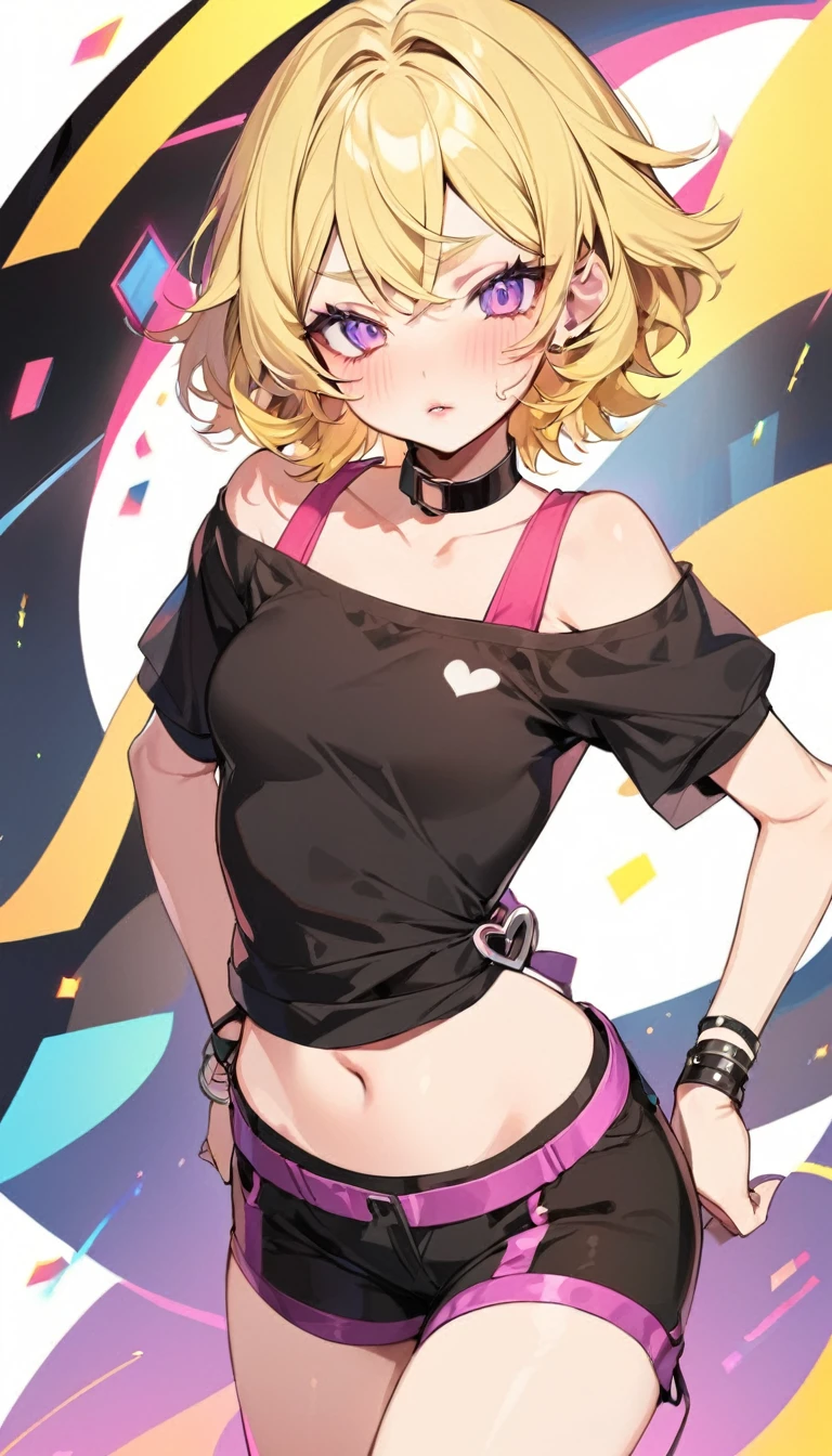 anime girl. short messy yellow hair, violet eyes, fair skin, flirtatious expression, fair skin, small tight black shirt, light blush, shorts, slightly pink lips. ((🥵))