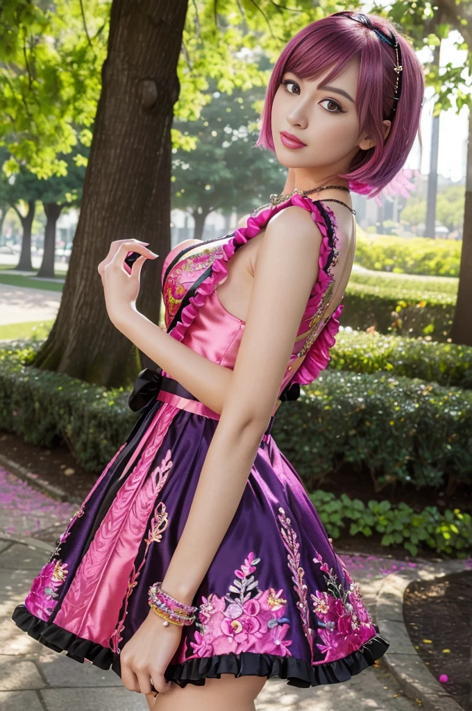 (masterpiece:1.4), (best quality:1.4), ultra high res, ultra high resolution, ((detailed facial features)), HDR, (realistic, photorealistic, photo-realistic:1.37), full body Esbian, sexy Indonesian model, (-anime), only 1 model, vivid colors, ((vivid colors multicolor (fuchsia, pink, light blue, purple) very short hair)), (happy smile), lip-gloss, long lashes, ultra detailed metallic makeup, defined eyebrows, wearing a red silk Paradise Kiss cosplay dress with black floral embroidery, ((vivid colors outfit)), vivid colors, look at the camera, cinematic light, large park background with trees, sweet and sexy pose