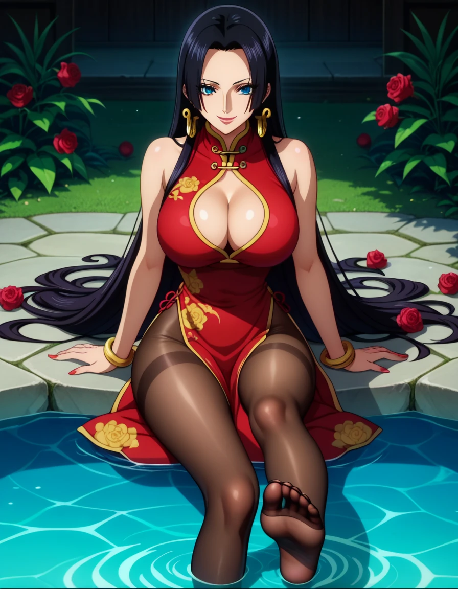 score_9, score_8_up, score_7_up, source_anime, anime screencap, one_piece_style, Boa Hancock, black hair, long hair, large breasts, perfect body, qipao, looking at viewer, smile, cleavage, from front, looking at viewer,A serene 8K photo of a medium-sized Asian woman dressed in a cheongsam Lazily sitting on water.The woman's eyes are a piercing yellowand her hair is a dark shade of black. Her hands are delicate.Smiling and looking at the camera. A delicate hair ornament adorns her hair,Transparent silk ribbon embraces her slim figure,waist,apron,surrounded by Red wine and roses,makeup,eye shadow.Bracelet romant.Foot fetish,focusing on the girl's feet,with the camera centered around the feet,shiny pantyhose,