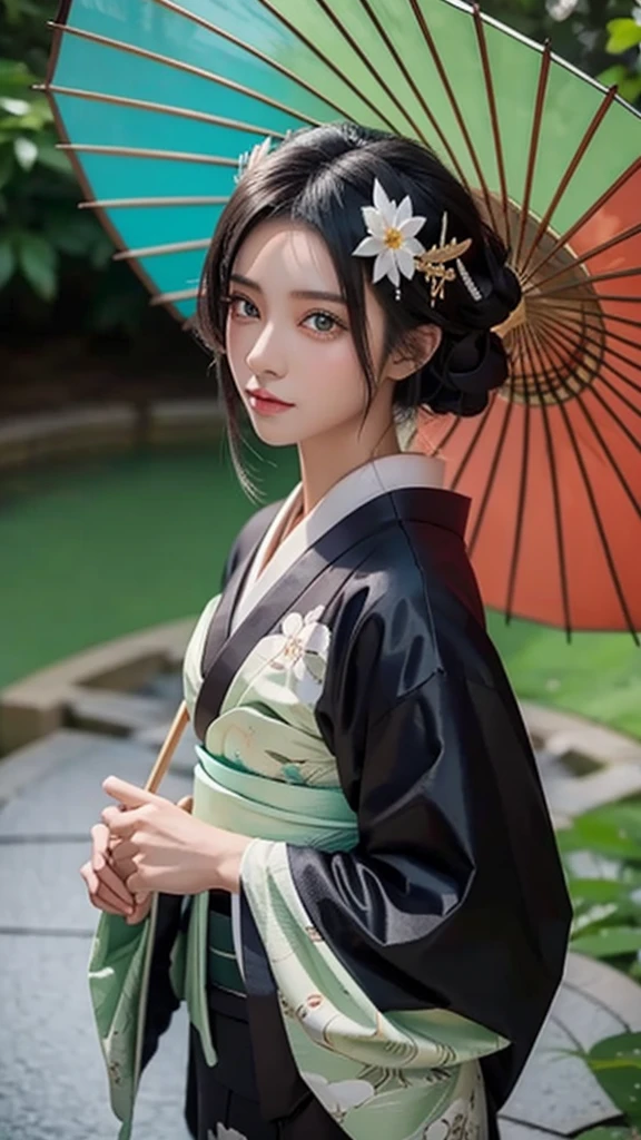 Anime Dark-skinned geisha with green eyes and umbrella, 