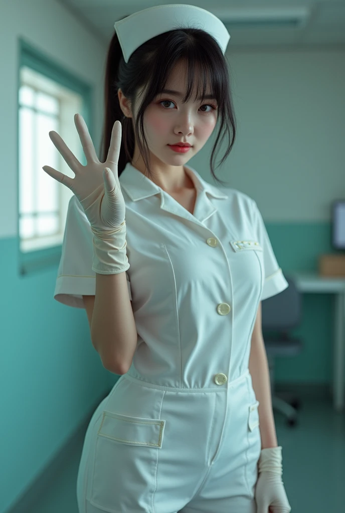 While sitting on the bed、Beautiful Japan woman in four dresses with white medical rubber gloves、Showing off beautiful hands wearing white medical rubber gloves