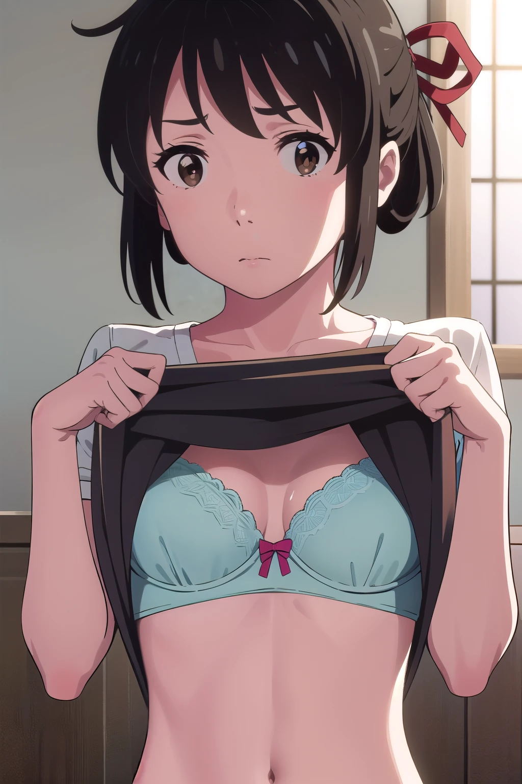 mitsuhamiyamizu, Mitsuha Miyamizu, black hair, (brown eyes:1.5), hair ribbon, lifting shirt showing bra.