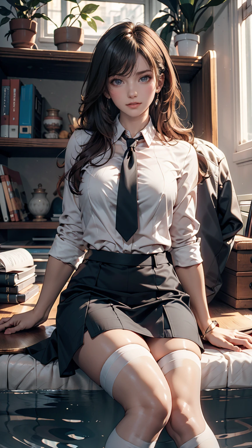  best quality,  Full Body Portraits, delicate face,  Facial beauty, Big Eyes: 1.1, compensate: 1.2, 25-year-old woman,  slender body sitting in a rock bath,  small bust, Office Lady Uniform,  white collar uniform for women, Office Uniform,  Black Stockings, Outdoor Scene,  standing , Long Hair, nude, nude, nude