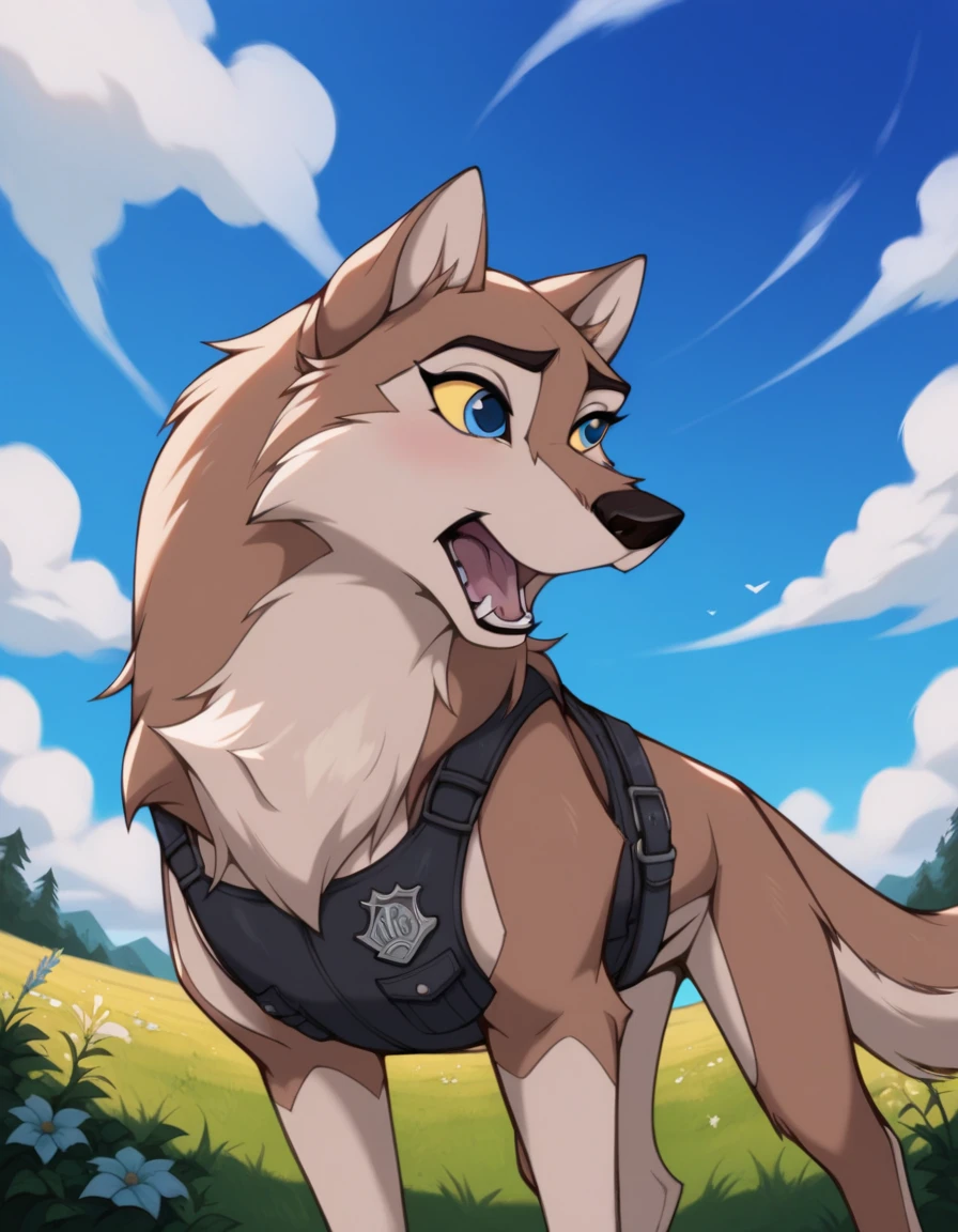 score_9, score_8_up, score_7_up, score_6_up,aleu, open mouth, blue eyes, outdoors, sky, day, blue sky, no humans, colored sclera, dog, animal focus, animalization, 1girl, wolf, animal, body fur, two tone fur, yellow sclera, wearing a bulletproof dog vest 