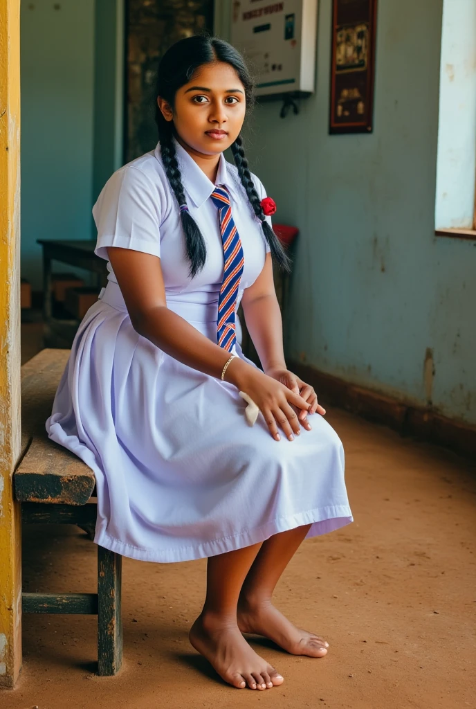 beautiful cute Sri Lankan school girl, in barefoot, Large breast size , medium size body, , wearing a white frock and a colored tie. She has plaits, black braided long hair, cinematic lighting, glowing, movie filter, moody effect, thick body, beautiful Sri Lankan girl face, dark skin tone, oily skin, sitting on a bench at corner of a school playground, dusty environment, dusty sweaty feet