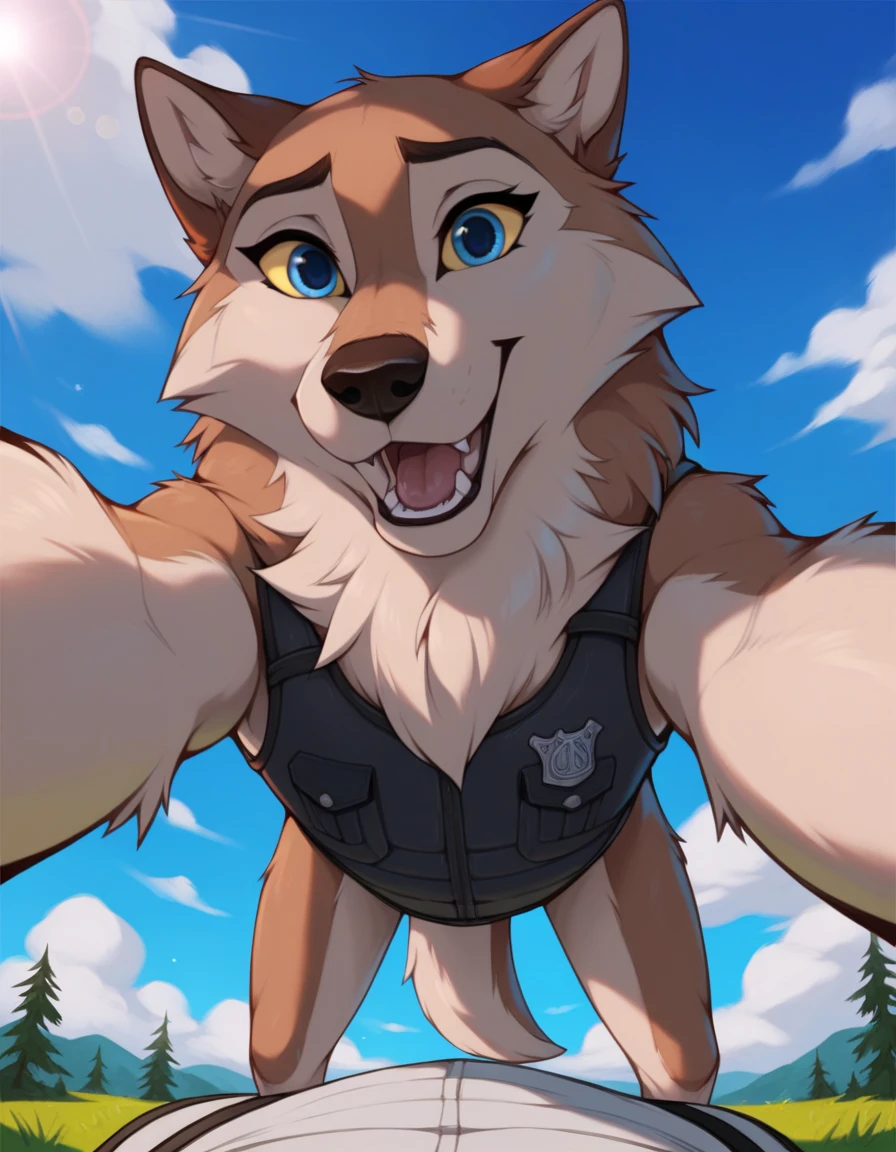 score_9, score_8_up, score_7_up, score_6_up,aleu, open mouth, blue eyes, outdoors, sky, day, blue sky, no humans, colored sclera, dog, animal focus, animalization, 1girl, wolf, animal, body fur, two tone fur, yellow sclera, doggystyle pov, wearing a bulletproof dog vest 