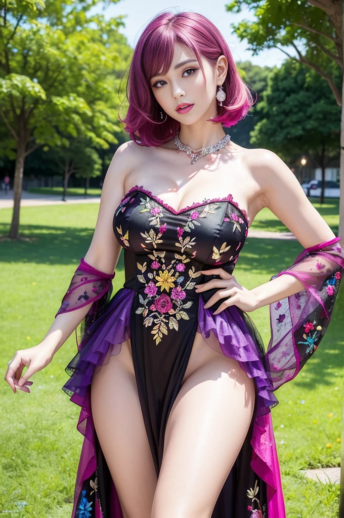 (masterpiece:1.4), (best quality:1.4), ultra high res, ultra high resolution, ((detailed facial features)), HDR, (realistic, photorealistic, photo-realistic:1.37), full body Esbian, sexy Vietnamese model, (-anime), vivid colors, ((vivid colors multicolor (red, pink) very short hair)), (happy smile), lip-gloss, long lashes, ultra detailed metallic makeup, defined eyebrows, wearing large sparkling colorful jewelery, wearing a red silk Paradise Kiss cosplay dress with black floral embroidery, ((vivid colors outfit)), vivid colors, look at the camera, cinematic light, large park background with trees, sweet and sexy pose