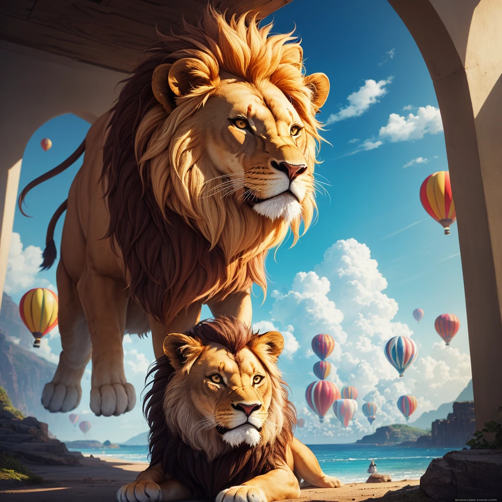 finest image, lion made balloon art, background fantasy world