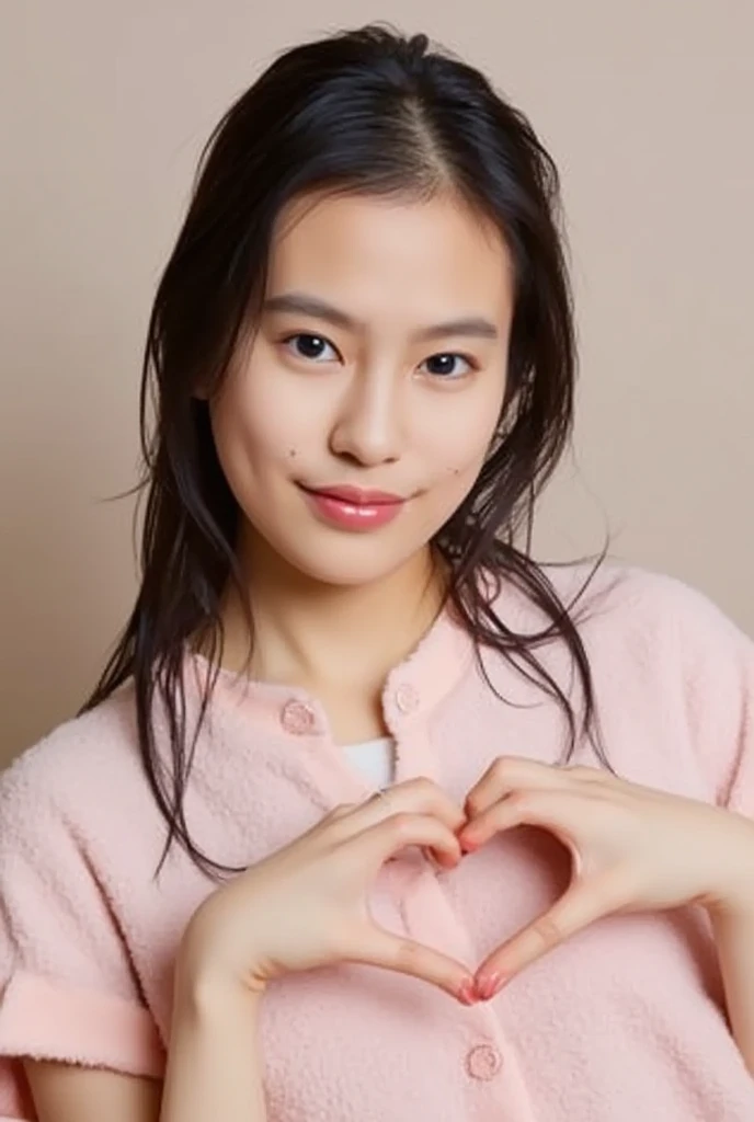 Only one woman with a cute smile wears cute, fluffy off-shoulder pajamas, makes a big heart shape with both hands, and poses them in front of her chest, View above collarbone、The background is a monotone 

