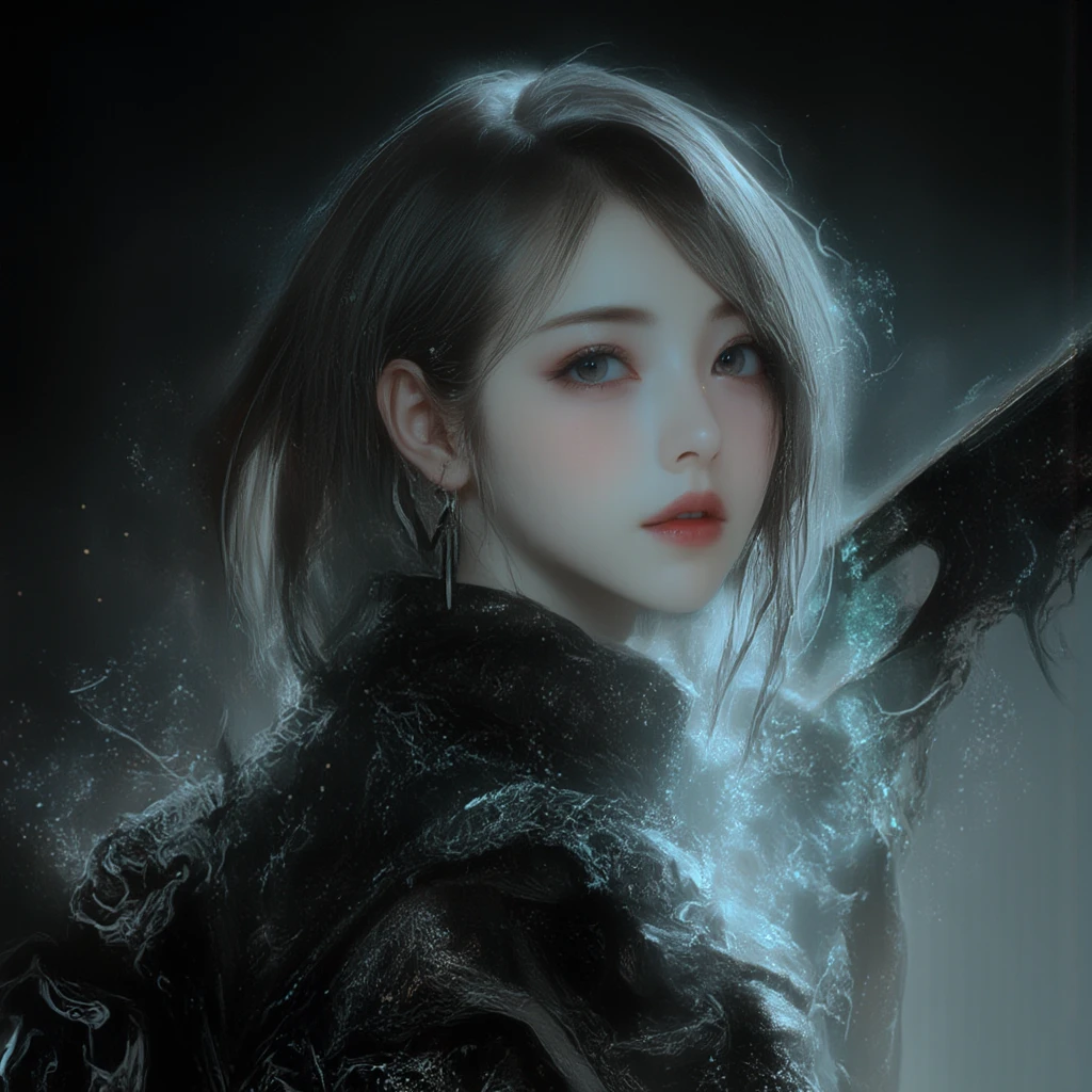 Hyper-detailed digital painting featuring and Photorealistic ,an East-Asian woman in a black, witch-like complex decorated robe, giving her an ethereal and mysterious presence. She appears as an incorporeal ghost, surrounded by glowing fog, set against a deep black backdrop. And she has long blach hair down and her lipps are bloody red.  is smiling pejoratively  .This dynamic portrait captures her in hyperrealism with RAW, vibrant color, showcasing intricate details and a bokeh effect that adds depth and atmosphere. The piece is inspired by the artistic styles of Jean Baptiste Monge, Carne Griffiths, Michael Garmash, Seb McKinnon, and Wadim Kashin. The diffuse lighting enhances her ghostly, otherworldly appearance, adding a subtle glow to her face and robe. The image combines fashion and photorealism with the crisp clarity of Nikon photography, creating a high-definition, 300mm effect that highlights every intricate detail, making it appear almost lifelike.