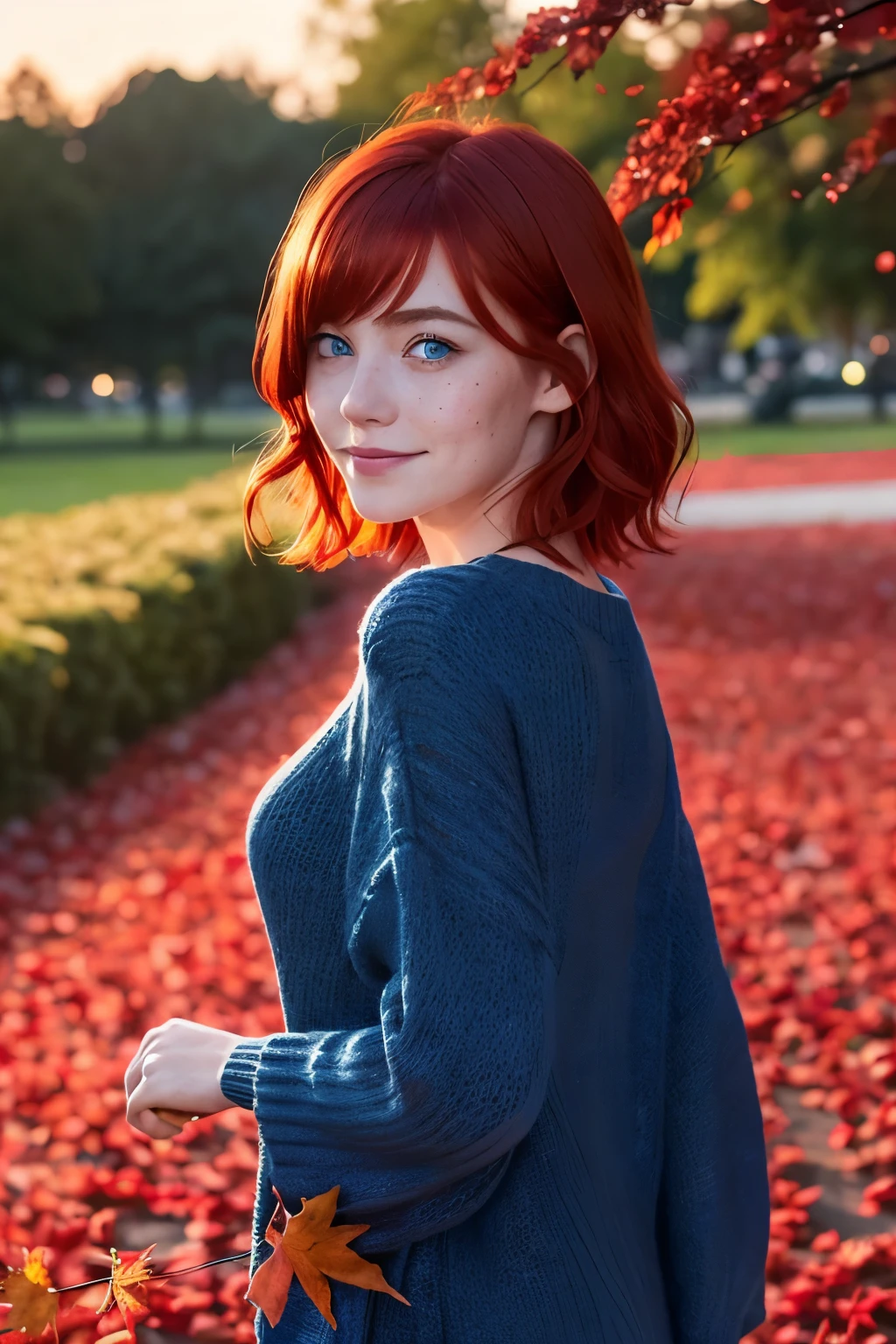 1girl, SXFRANCES, Short hair, orange hair, Green eyes, freckles, Smile, Red jumpsuit, blue shirt, Roll up your sleeve, mountain, luna, (night time:1.5), looking a viewer