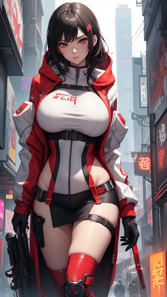 masutepiece,in 8K,High quality,Fine detail,super precision,1girl in(crazed smile),Big assault rifle,large boob,bomber jacket,Tank tops,hotpants,in fighting,Build a night city(cyberpunked),dazzling neon light,