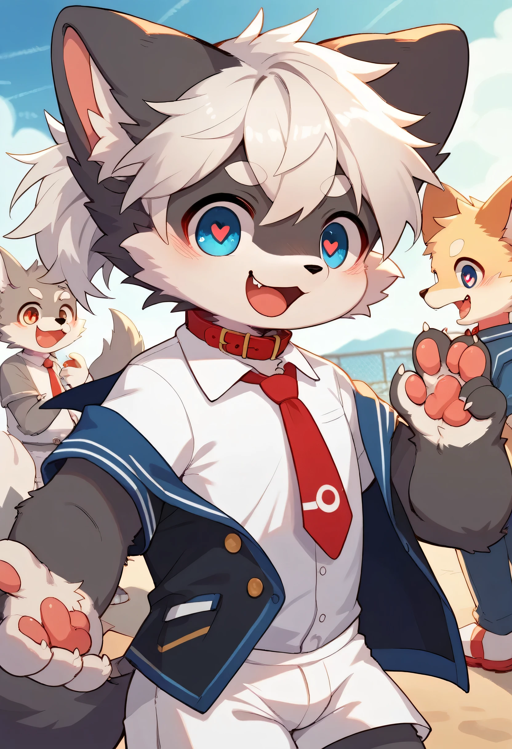  very detailedな, very detailed, gray fur white hair ,Age 15,male, excited to see bones , wolf fur,Excited,participate, cute face, fluffy fur like one,Horny boy,cute ears ,Fluffy Ears ,Fluffy Ears ,Show me a paw ,Red collar, in front of everyone,Tie the husband's , cute fur boy , boy, heart eyes,Horny boy , black back , blush nose ,Alone,Droopy ears, white shorts ,Blue Sailor Suit