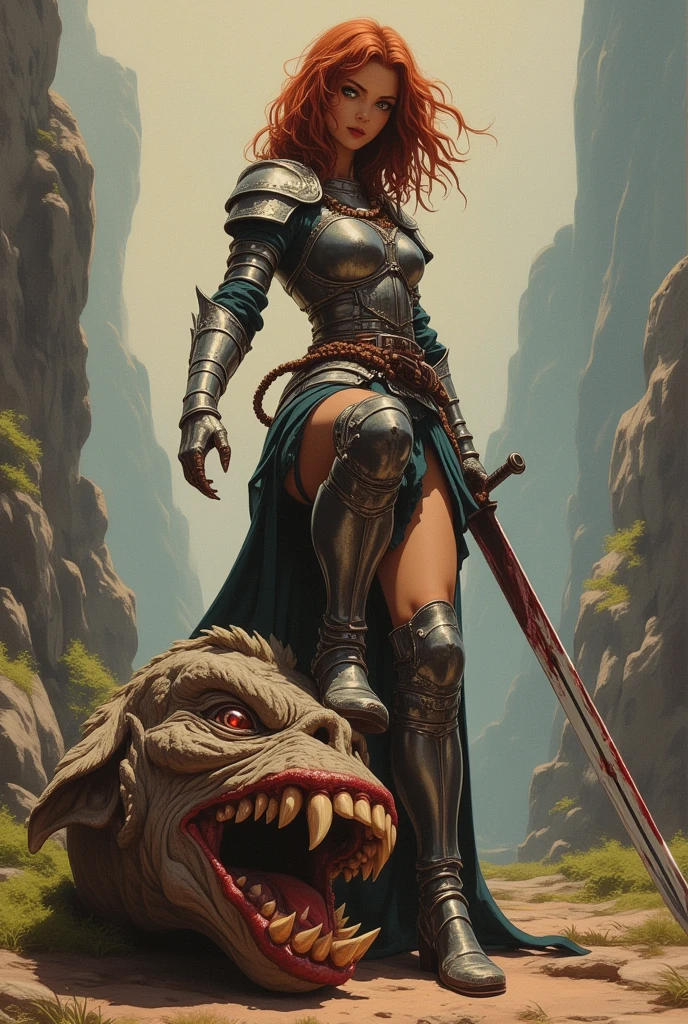 ne0nfant4sy, cowboy shot, masterpiece,  a painting of a stunningly beautiful woman, fantasy oil painting, portrait of Niji Stan Katayama style Frank Frazetta fantasy oil painting of a fierce female medieval warrior wearing chainmail armor, she has frizzy auburn hair, she is standing beside the severed head of a giant troll laying on the ground, she rests one foot on top of the trolls head in victory, beside her there is a bloody sword sticking into the ground, she has one hand on top of the swords pommel.   looking at the viewer, seductive smile, inviting smile, 