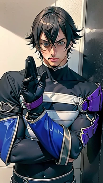  ( highest quality), ( highest quality), (Overall view)  A beautiful and sexy young Kamen Rider, Lean and muscular,  with a cool and handsome face, Sharp Eyes,,Kamen Rider cornered by a wall , raise both hands, Surrender pose,Frightened expression