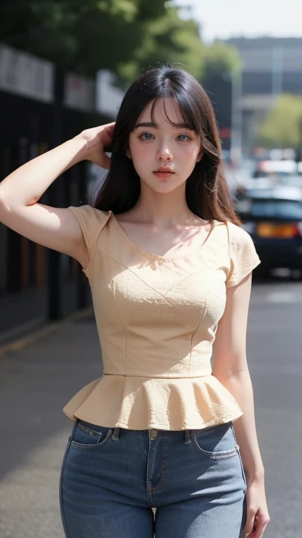 cinematic lighting, masterpiece, UHD, anatomically correct, textured skin, super detail, high quality, award winning, highres, 16k, 8k, full body shot, a young korean woman, age 25, medium breast, ((Peplum Top with Skinny Jeans)), proud pose, neutral expression, blurred surroundings, Center of attention.