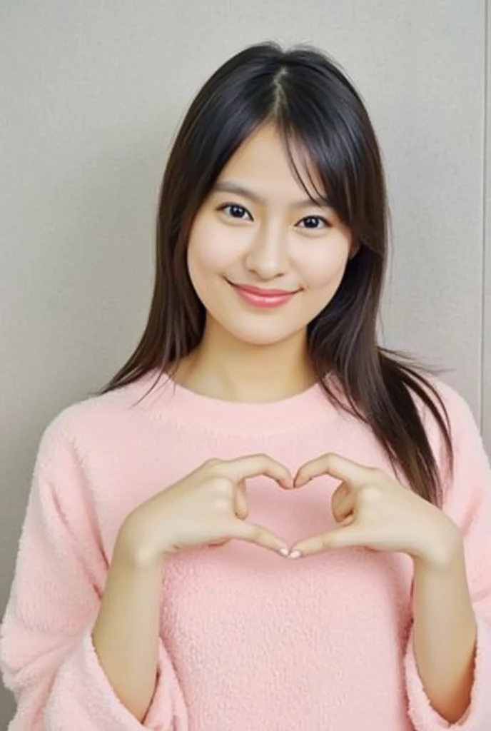 Only one woman with a cute smile wears cute, fluffy off-shoulder pajamas, makes a big heart shape with both hands, and poses them in front of her chest, View above collarbone、The background is a monotone 

