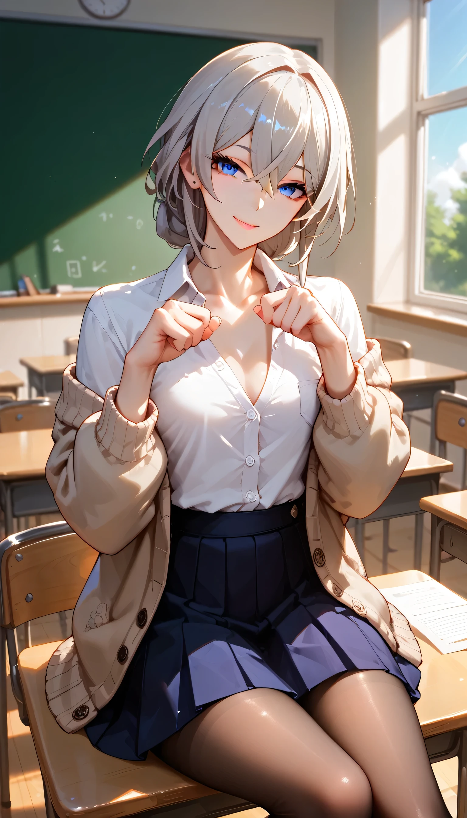 Score_9, Score_8_up, Score_7_up, Score_6_up, Score_5_up, Score_4_up, Source_anime, masterpiece, best quality, aesthetic, 1girl, silver hair, kafka hair, hair between eyes, Blue eyes, (Random pose), mature woman, perfect eyes, curvaceous, Small breasts, Cardigan, Skirt, Pantyhose,soft light, kafka, honkai star rail, ultra detailed, seductive face, sitting elegantly, close up, Classroom