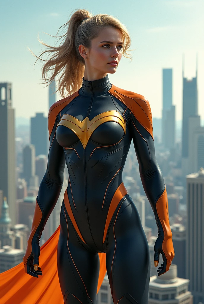 (best quality,4k,8k,highres,masterpiece:1.2),ultra-detailed,(realistic,photorealistic,photo-realistic:1.37),beautiful ((Power girl)),muscular,beautiful detailed eyes,beautiful detailed lips,longeyelashes,dark blond hair cascading down her shoulders,black leather pants,light beige sweater,full body,strong lighting,soft warm colors,blurred background,neutral expression,standing on (((top of a skyscraper))) in a sunlit city in ruins, (cameltoe)