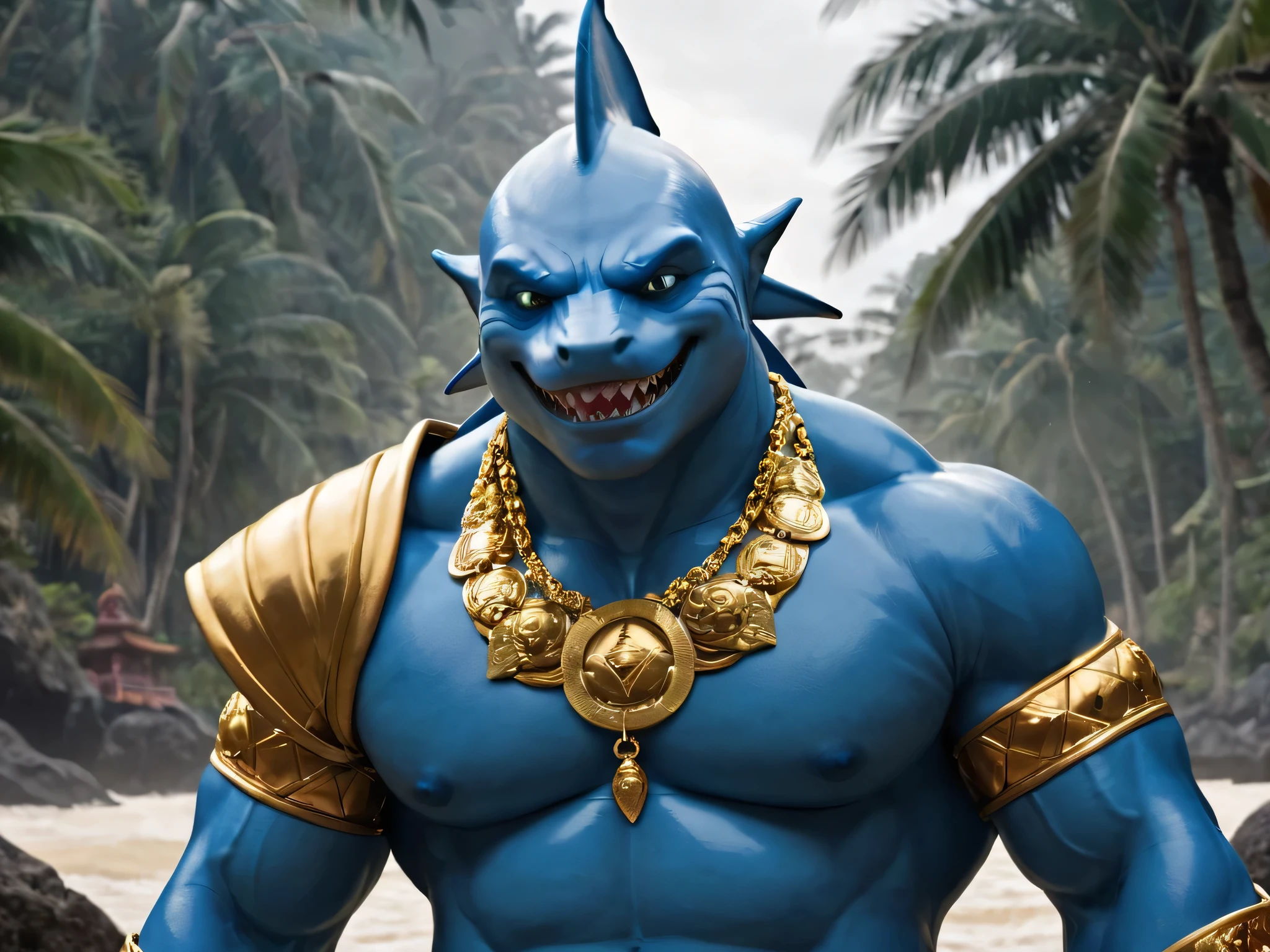 A humanoid bodybuilder monk with blue skin and a shark's head, gold accessories