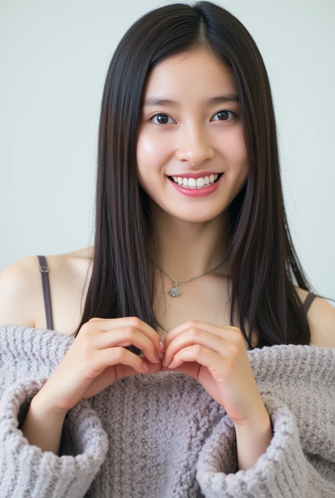 Only one woman with a cute smile wears cute, fluffy off-shoulder pajamas, makes a big heart shape with both hands, and poses them in front of her chest, View above collarbone、The background is a monotone 

