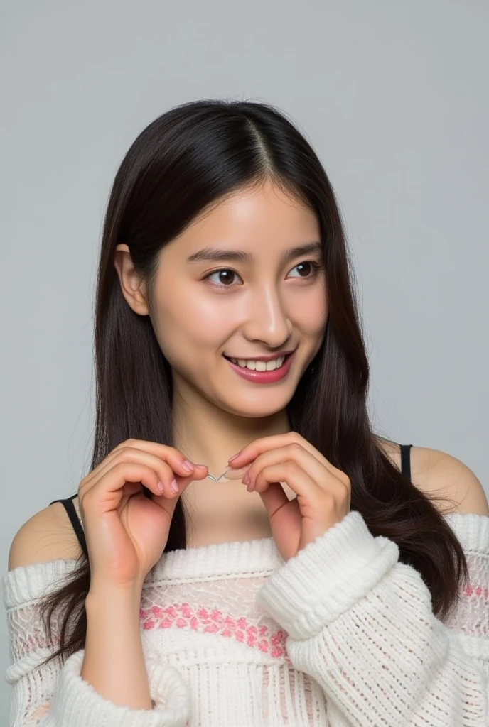 Only one woman with a cute smile wears cute, fluffy off-shoulder pajamas, makes a big heart shape with both hands, and poses them in front of her chest, View above collarbone、The background is a monotone 

