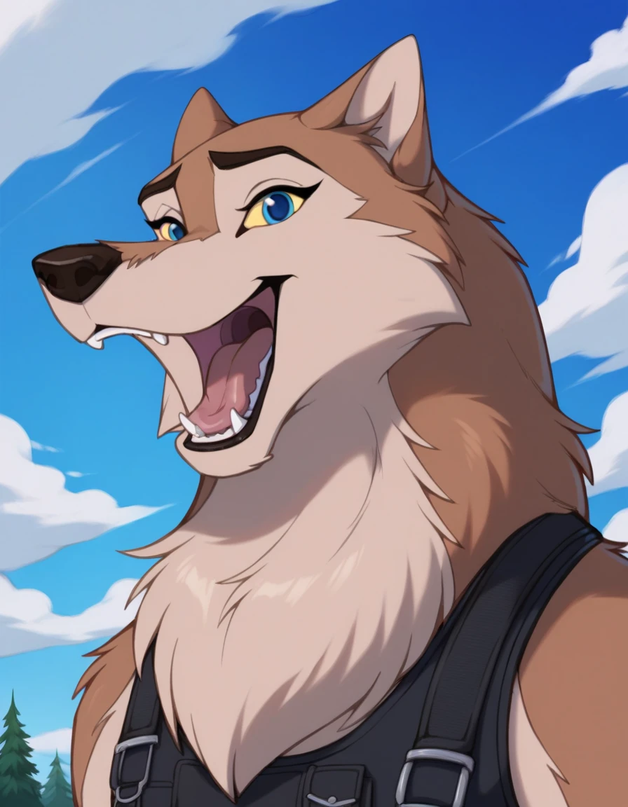 score_9, score_8_up, score_7_up, score_6_up,aleu, open mouth, blue eyes, outdoors, sky, day, blue sky, no humans, colored sclera, dog, animal focus, animalization, 1girl, wolf, animal, body fur, two tone fur, yellow sclera, wearing a bulletproof dog vest 