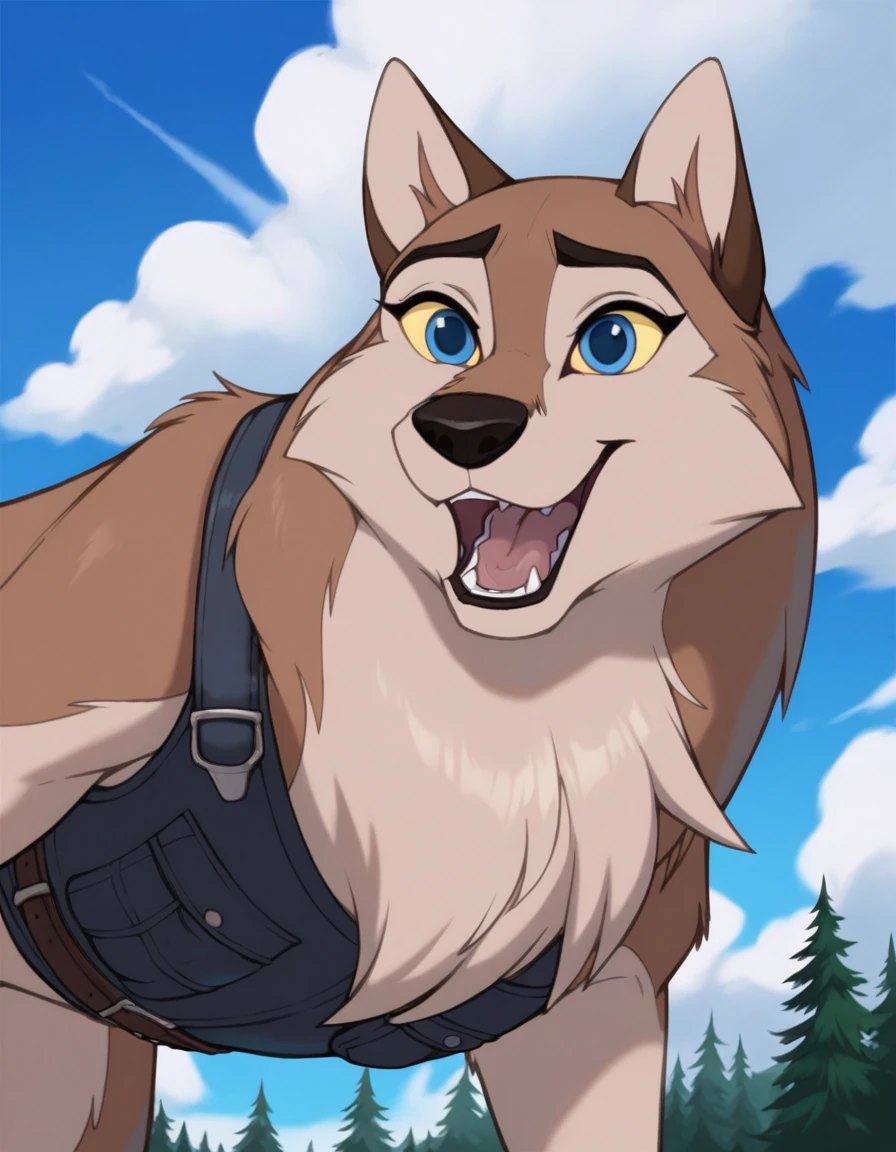 score_9, score_8_up, score_7_up, score_6_up,aleu, open mouth, blue eyes, outdoors, sky, day, blue sky, no humans, colored sclera, dog, animal focus, animalization, 1girl, wolf, animal, body fur, two tone fur, yellow sclera, wearing a bulletproof dog vest 