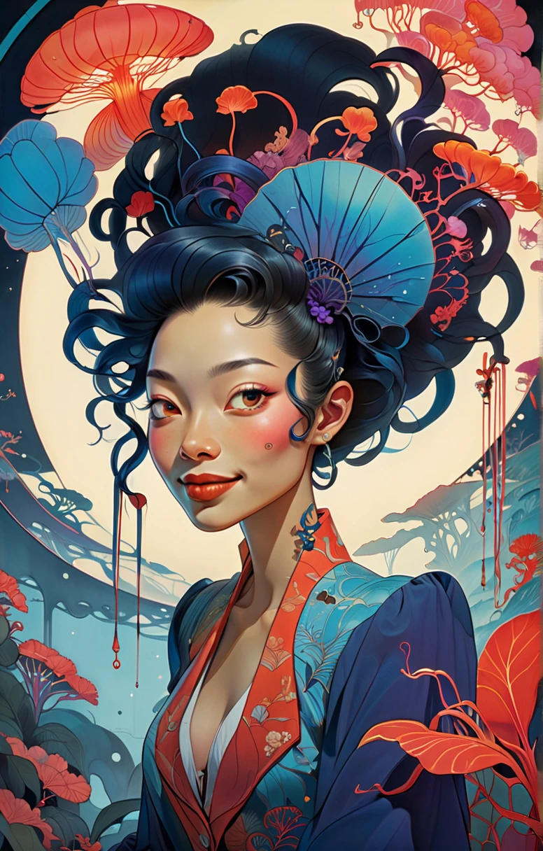 (vibrant cyberpunk-hued colors:1.4), dark and moody, (Victo Ngai inspired head and shoulders shot, ink wash, toon rendering of a beautiful Costa Rican woman smiling, colorful background with orchids and jellyfish) by Anita Bathe, Phil Lashio, Seymour Buttz, Wilma Dickfit, epic clouds, Unreal Engine, octane rendering, high quality, high resolution, high precision, realistic, color correction, good lighting settings, low noise, sharp edges, harmonious composition, award-winning work, surrealism, dark art by james jean and takato yamamoto