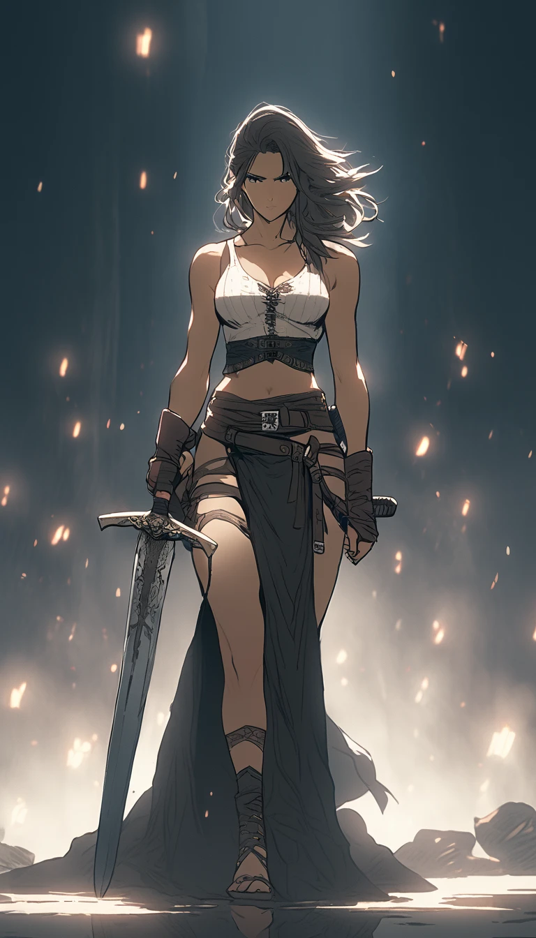 a woman  , wearing lingerie, holding a sword, full body, ff7 style 