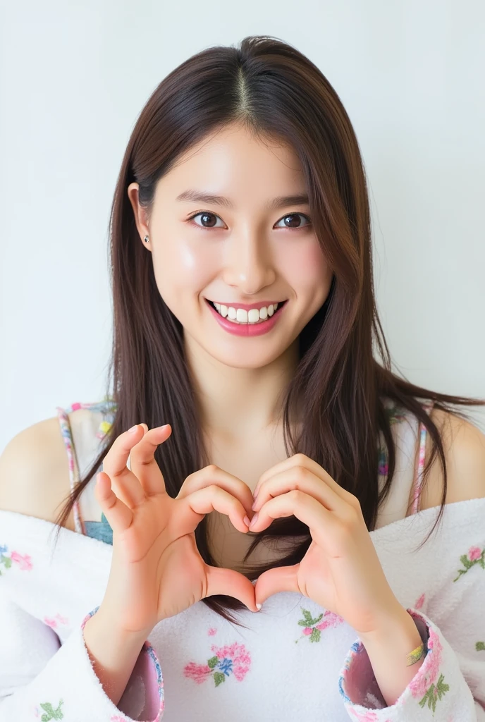 Only one woman with a cute smile wears cute, fluffy off-shoulder pajamas, makes a big heart shape with both hands, and poses them in front of her chest, View above collarbone、The background is a monotone 

