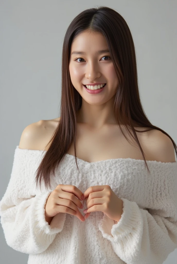 Only one woman with a cute smile wears cute, fluffy off-shoulder pajamas, makes a big heart shape with both hands, and poses them in front of her chest, View above collarbone、The background is a monotone 

