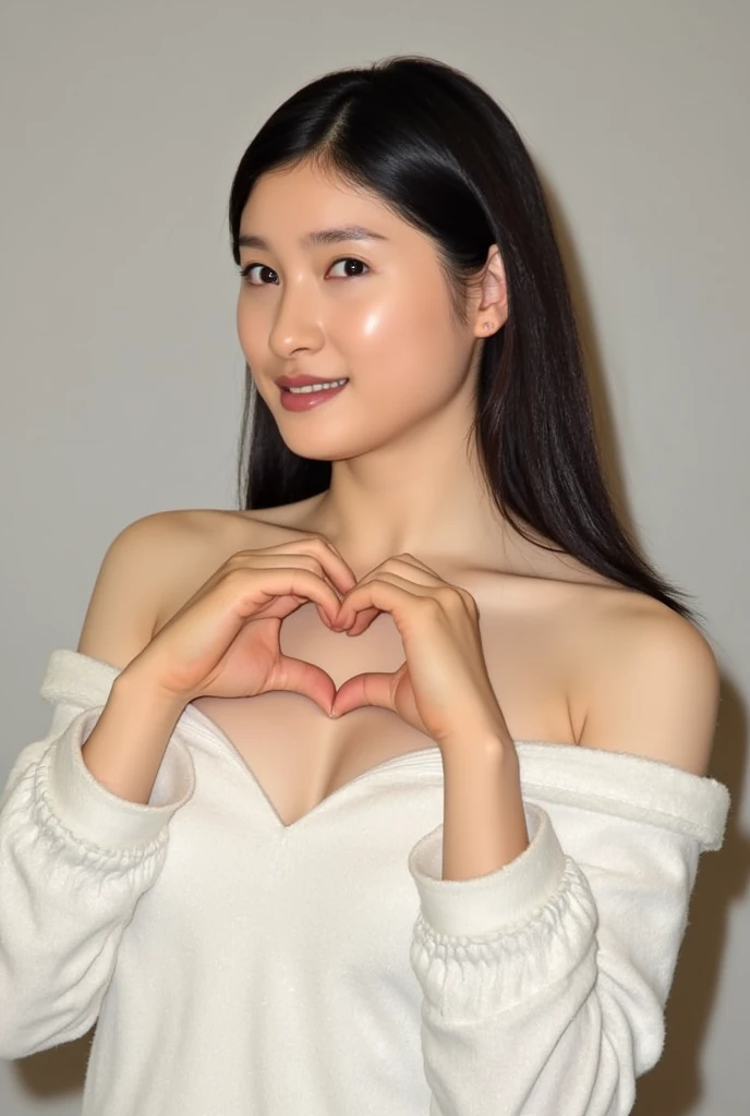 Only one woman with a cute smile wears cute, fluffy off-shoulder pajamas, makes a big heart shape with both hands, and poses them in front of her chest, View above collarbone、The background is a monotone 

