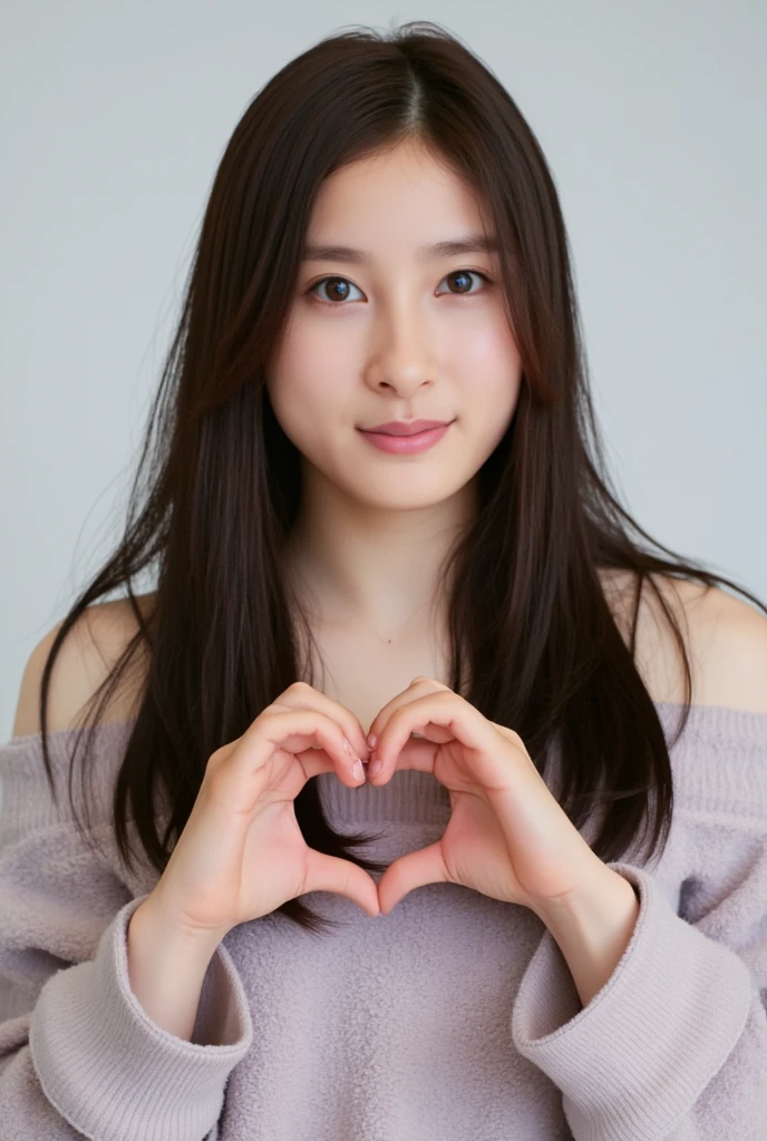 Only one woman with a cute smile wears cute, fluffy off-shoulder pajamas, makes a big heart shape with both hands, and poses them in front of her chest, View above collarbone、The background is a monotone 

