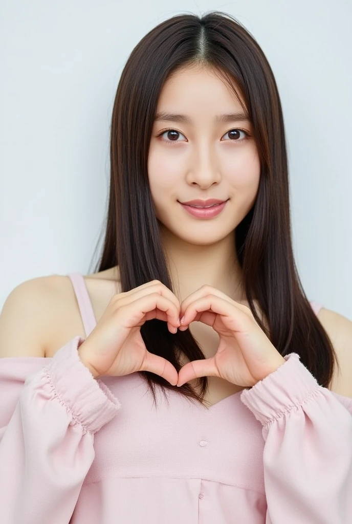 Only one woman with a cute smile wears cute, fluffy off-shoulder pajamas, makes a big heart shape with both hands, and poses them in front of her chest, View above collarbone、The background is a monotone 

