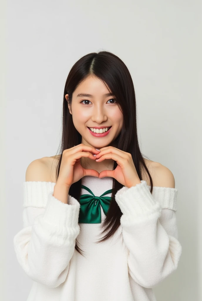 Only one woman with a cute smile wears cute, fluffy off-shoulder pajamas, makes a big heart shape with both hands, and poses them in front of her chest, View above collarbone、The background is a monotone 

