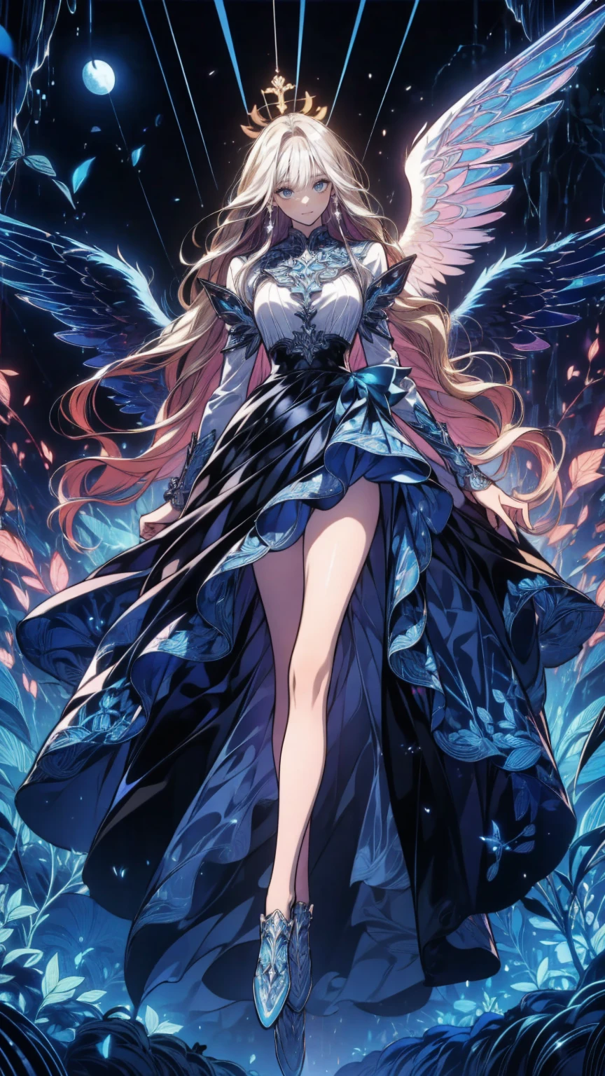 an epic fantasy art  portrait of aasimar, woman, paladin ready for battle under the full moon, Holy Angel,  Spreading large feathered wings, Majestic Wings, white Angelic Wings spread (masterpiece,  intense detail : 1.5), moon light, moon, star, cloud,  sacred symbol ,  Wielding a divine sword,  wearing sacred armor ,  Dynamic Hair Color ,  Dynamic hairstyle, dynamic skin tones, Dark fantasy (Forest Background: 1.3),  anatomically accurate  (masterpiece 1.3,  intense detail ), Angel_Wings, The face of determination, god rays,  Movie Lighting, Shining Light,  silhouette, From the outside,  photorealism,  Panoramic View (masterpiece 1.3,  intense detail ) , Wide angle,   see her knees and ankles  , 16k,  Hi-Res,  best quality,   high detail  , 16k, Super detailed, masterpiece,  best quality, ( Extremely detailed), Arafed, dnd Art,  portrait, whole body,   hyp3rd3tail style , ral-ertmsphr
