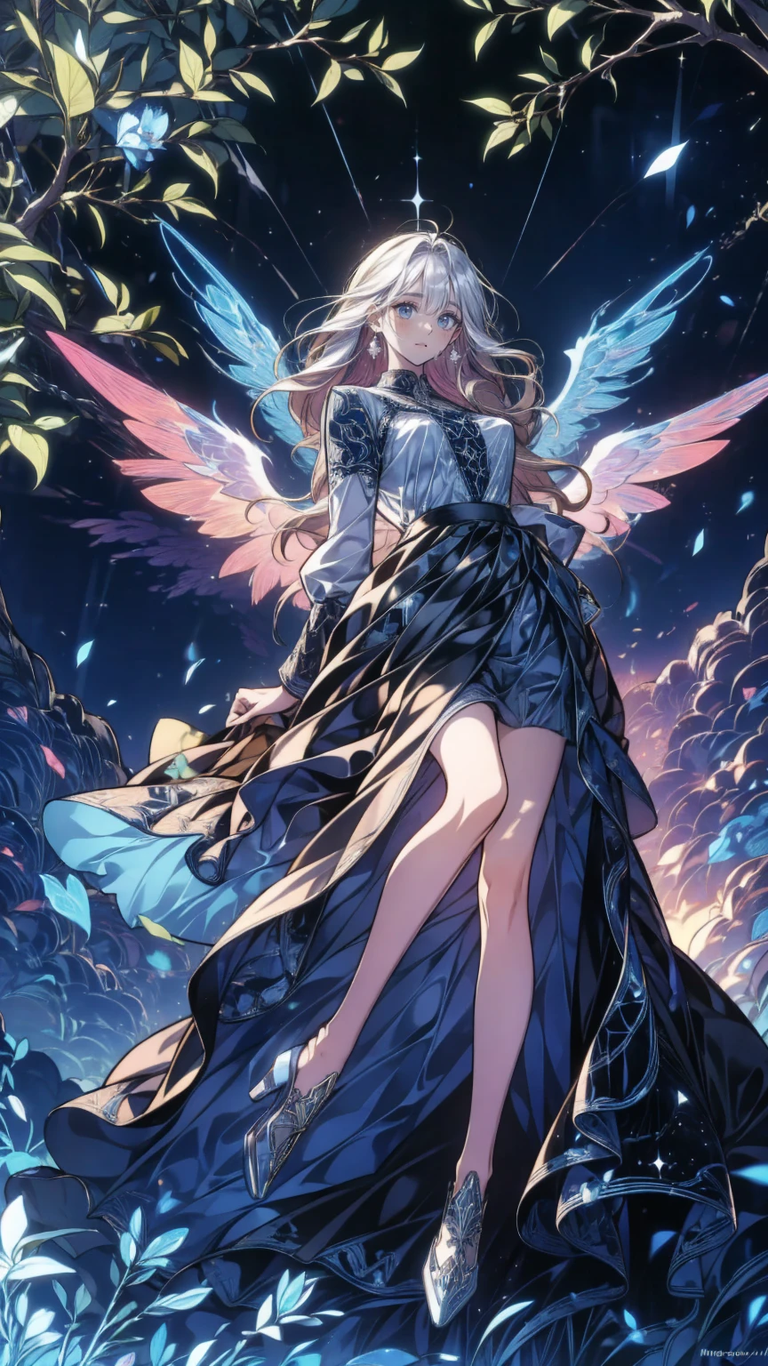 an epic fantasy art  portrait of aasimar, woman, paladin ready for battle under the full moon, Holy Angel,  Spreading large feathered wings, Majestic Wings, white Angelic Wings spread (masterpiece,  intense detail : 1.5), moon light, moon, star, cloud,  sacred symbol ,  Wielding a divine sword,  wearing sacred armor ,  Dynamic Hair Color ,  Dynamic hairstyle, dynamic skin tones, Dark fantasy (Forest Background: 1.3),  anatomically accurate  (masterpiece 1.3,  intense detail ), Angel_Wings, The face of determination, god rays,  Movie Lighting, Shining Light,  silhouette, From the outside,  photorealism,  Panoramic View (masterpiece 1.3,  intense detail ) , Wide angle,   see her knees and ankles  , 16k,  Hi-Res,  best quality,   high detail  , 16k, Super detailed, masterpiece,  best quality, ( Extremely detailed), Arafed, dnd Art,  portrait, whole body,   hyp3rd3tail style , ral-ertmsphr
