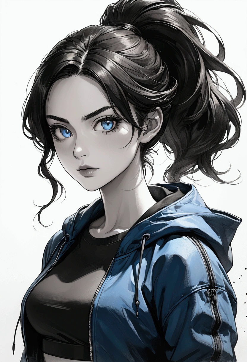 A semi-realistic anime-style mature woman with long, sleek black hair styled in a high ponytail. Aged 21. She has a sharp, warm tan, symmetrical face with a defined jawline, highlighting her serious and determined expression. Her upturned almond-shaped eyes give her a sharp and focused appearance, with deep brown irises reflecting richness and intensity, showcasing her keen awareness. Long, curled lashes enhance her striking gaze, and her thick, well-defined eyebrows add an elegant touch to her features. Her blue eyes exude determination and confidence, embodying a strong and mature character. She has a small, slightly upturned nose that complements her strong facial structure, while her full lips are set in a firm, neutral line, exuding focus without a hint of a smile. Loose strands of her black hair frame her face, adding a dynamic touch without softening her stern appearance. She wears a stylish blue bomber jacket with a hoodie over a fitted black crop top. The lighting is soft, emphasizing the contours of her face and adding depth to her expression, while the blurred urban background subtly enhances her independent and self-reliant vibe. black and white, anime style, Japanese theme, hyperdetailed, ultra quality, 4k, intricate lighting, chiaroscuro, white background with one color ink spots, drawing stroke made with Rottring 0.5mm pen, perfect drawing lines.