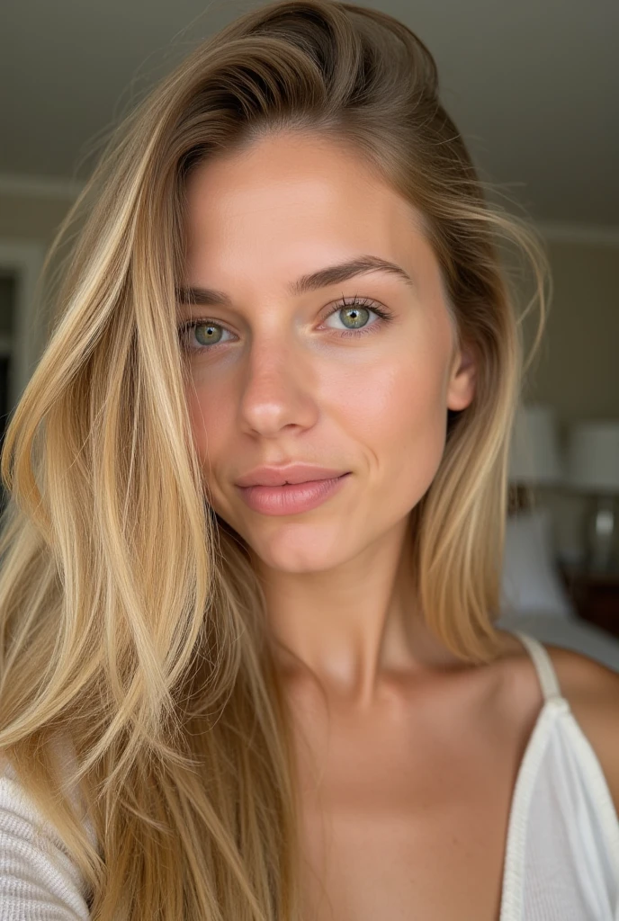 bottom up selfie, Beautiful blonde Emma 27 years old natural long blonde hair almond shape hazel green eyes cleft on chin, dimpled chin, hair partially covering her face, background country style bedroom, best quality, extremely detailed, hyperrealistic, photorealistic,