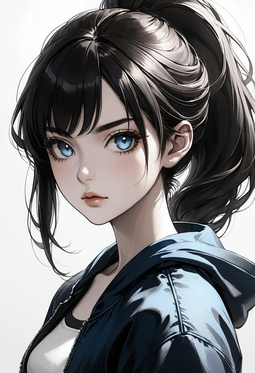 A semi-realistic anime-style woman with long, sleek black hair styled in a high ponytail. Aged 21. She has a sharp, warm tan, symmetrical face with a defined jawline, highlighting her serious and determined expression. Her upturned almond-shaped eyes give her a sharp and focused appearance, with deep brown irises reflecting richness and intensity, showcasing her keen awareness. Long, curled lashes enhance her striking gaze, and her thick, well-defined eyebrows add an elegant touch to her features. Her blue eyes exude determination and confidence, embodying a strong and mature character. She has a small, slightly upturned nose that complements her strong facial structure, while her full lips are set in a firm, neutral line, exuding focus without a hint of a smile. Loose strands of her black hair frame her face, adding a dynamic touch without softening her stern appearance. She wears a stylish blue bomber jacket with a hoodie over a fitted black crop top. The lighting is soft, emphasizing the contours of her face and adding depth to her expression, while the blurred urban background subtly enhances her independent and self-reliant vibe. black and white, anime style, Japanese theme, hyperdetailed, ultra quality, 4k, intricate lighting, chiaroscuro, white background with one color ink spots, drawing stroke made with Rottring 0.5mm pen, perfect drawing lines.